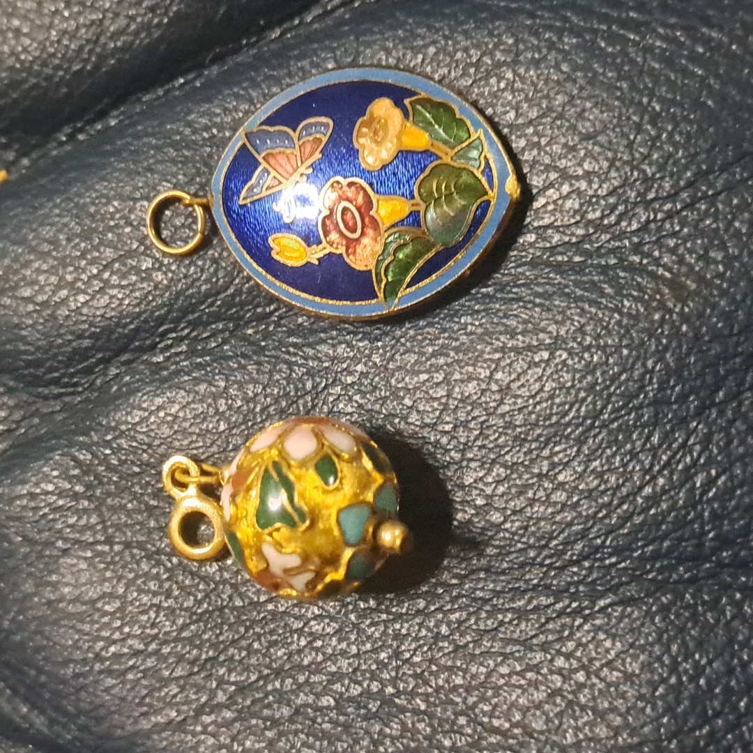 2 Cloisonn Pendants With Yellow Flws And A Blue Oval Shape. Small Round One
